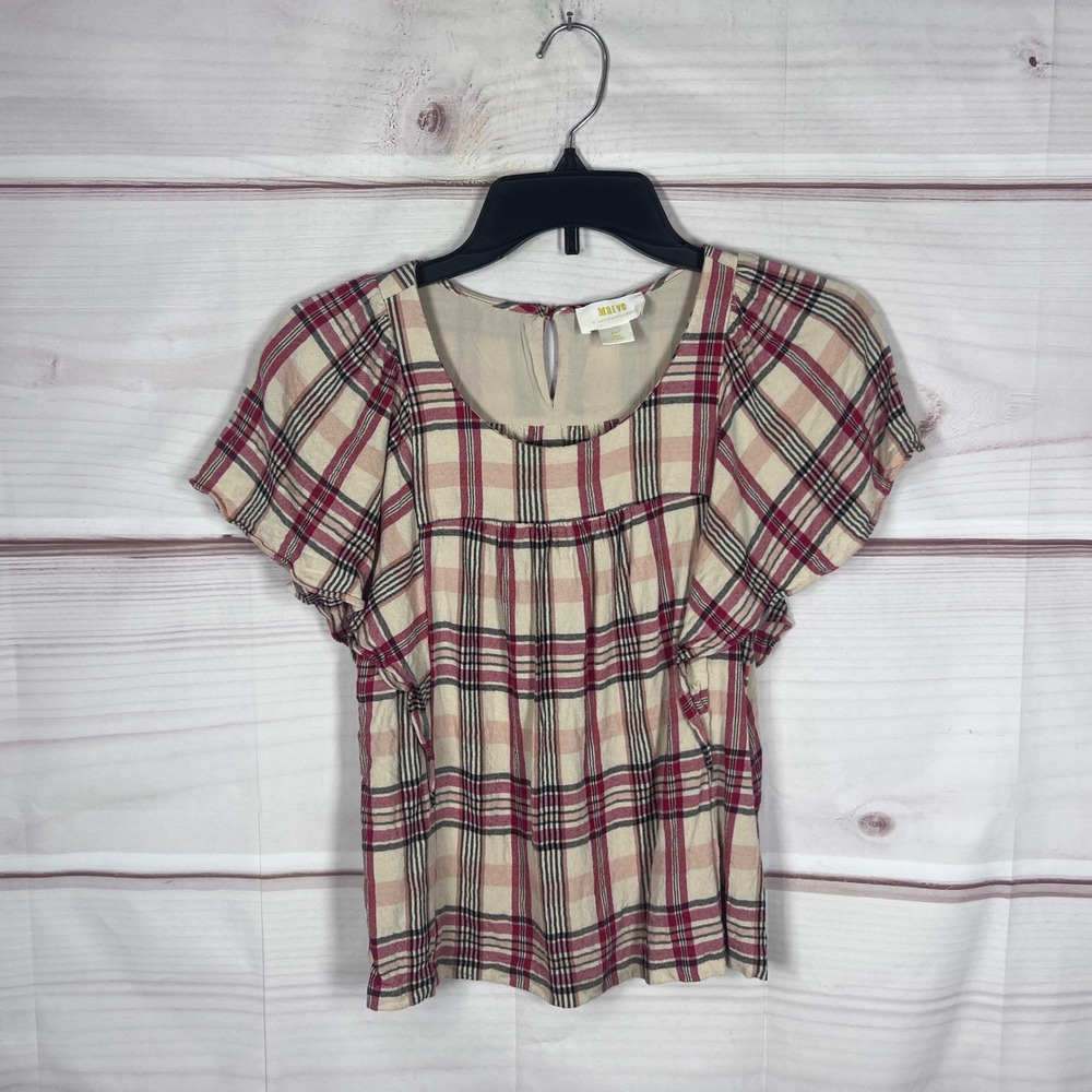 Maeve Top Women PXS Multicolor Plaid Flutter Sleeve Scoop Neck Viscose Blouse